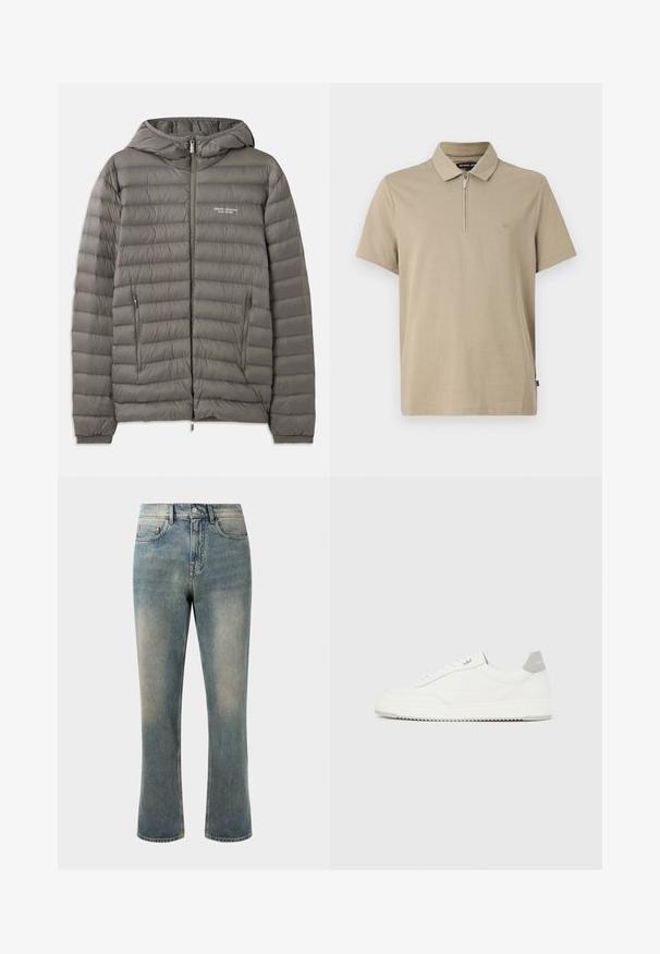 Grijze gewatteerde jas met een capuchon, gemaakt van doorgestikt materiaal. Beschikt over twee zijzakken met rits en een voorrits sluiting.; Beige polo shirt met korte mouwen en een ritskraag. Voorzien van geborduurd 'MK' logo op de borst. Zachte katoen, comfortabele pasvorm.; Lichtblauwe spijkerbroek met een rechte pijp, middelhoge taille en subtiele vervaging. Beschikt over klassieke zakstyling en contraststiksel.; Witte lage sneaker met grijze hielpatch, witte veters en een gestructureerde zool, gepresenteerd op een effen lichte achtergrond.