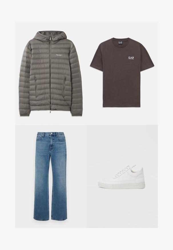 Grijze gewatteerde jas met een capuchon, gemaakt van doorgestikt materiaal. Beschikt over twee zijzakken met rits en een voorrits sluiting.; Donkergrijze T-shirt met korte mouwen en ronde hals, met klein wit EA7 Emporio Armani-logo op de linkerborst en een label in de hals.; Brede blauwe jeans van denim met een verouderde afwerking. Heeft vijf zakken, een sluiting met vooraan knoop en een rechte snit.; Witte leren sneaker met een afgeronde neus, platte zool en veters aan de voorkant. Voorzien van stikseldetails en een gevoerde kraag voor comfort.