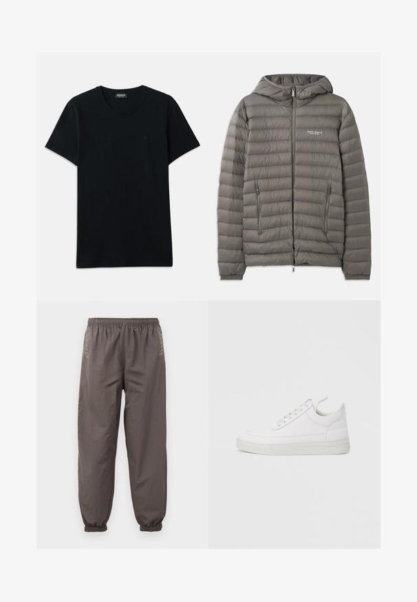 Graue Pufferjacke mit Kapuze, aus gestepptem Material. Verfügt über zwei seitliche Reißverschlusstaschen und einen Reißverschluss vorne.; Dondup SLIM FIT - T-Shirt basic - black; Dunkelgraue, elastische Hosen mit lockerer Passform. Mit gerafften Bündchen und dezentem Stickerei an den Seiten. Leichter Stoff.; Weißer Ledersneaker mit abgerundetem Zehenbereich, flacher Sohle und Schnürverschluss. Verfügt über Nahtdetails und einen gepolsterten Kragen für zusätzlichen Komfort.