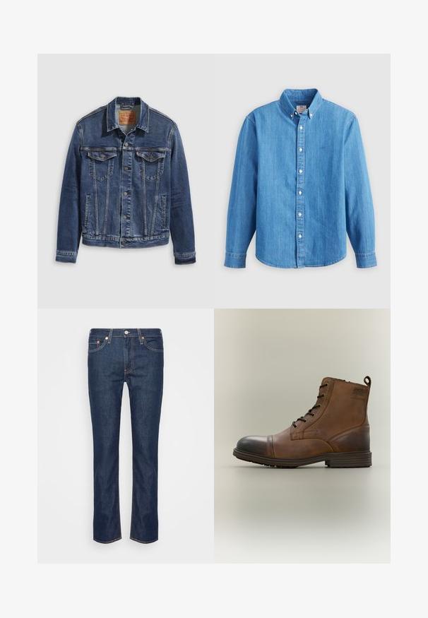 Donkerblauwe denimjas met een klassiek ontwerp, voorzien van metalen knopen, twee borstzakken en diagonale naden aan de voorkant.; Lichtblauw denim overhemd met lange mouwen, button-down kraag en witte knopen. Heeft een klein geborduurd logo op de borst.; Donkerblauwe rechte spijkerbroek met oranje stiksels, vijf zakken en een ritssluiting met knoop aan de voorkant.; Bruine leren enkellaars met veters, zwarte neuskap, ronde zool en merkdetail aan de zijkant tegen een effen achtergrond.