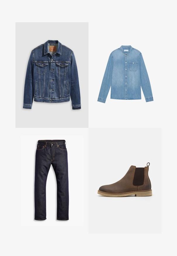 Donkerblauwe denimjas met een klassiek ontwerp, voorzien van metalen knopen, twee borstzakken en diagonale naden aan de voorkant.; Lichtblauw denim overhemd met knopen, lange mouwen, spitse kraag, één borstzak en subtiele vervaging op de stof.; Donkerblauwe recht gesneden denim jeans met vijf zakken en oranje contrasterende stiknaden, plat gelegd op een witte achtergrond.; Bruine leren Chelsea-boot met elastische zijkanten, ronde neus, lusje aan de achterkant en een lichtbruine gestructureerde zool.