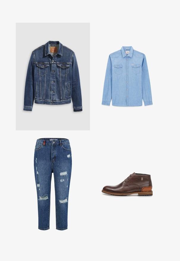 Jeanjakke i mørkeblå med et klassisk design, der har metalknapper, to brystlommer og diagonale sømme foran.; Lyseblå denimskjorte med lange ærmer, krave, trykknaplukning og to brystlommer med klap, begge med knapdetaljer.; Blå denimjeans med slidte områder, herunder store huller og frynsede kanter. Har et klassisk fem-lomme design og en knaplukning.; Mørkebrune læder ankelstøvle med snørelukning foran og kontrasterende tan hælpatch, vist på en hvid baggrund.