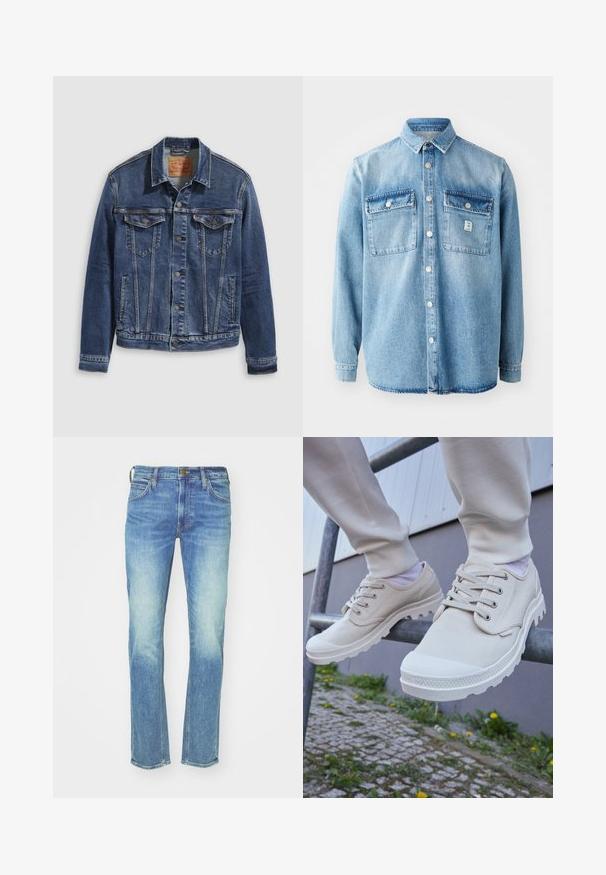 Veste en denim bleu foncé au design classique, avec des boutons en métal, deux poches poitrine et des coutures diagonales à l'avant.; Chemise en denim bleu clair à manches longues, col pointe, deux poches poitrine et fermeture boutonnée sur le devant. Présente une texture de tissu subtile et des détails de couture.; Jean en denim bleu clair avec une coupe droite, texture délavée, cinq poches, quincaillerie en laiton, et détails de couture le long des coutures.; Des chaussures en toile beige avec des semelles en caoutchouc texturé, dotées de lacets ronds, d'un bout renforcé et d'une silhouette élégante. Positionnées sur un garde-corps en métal.