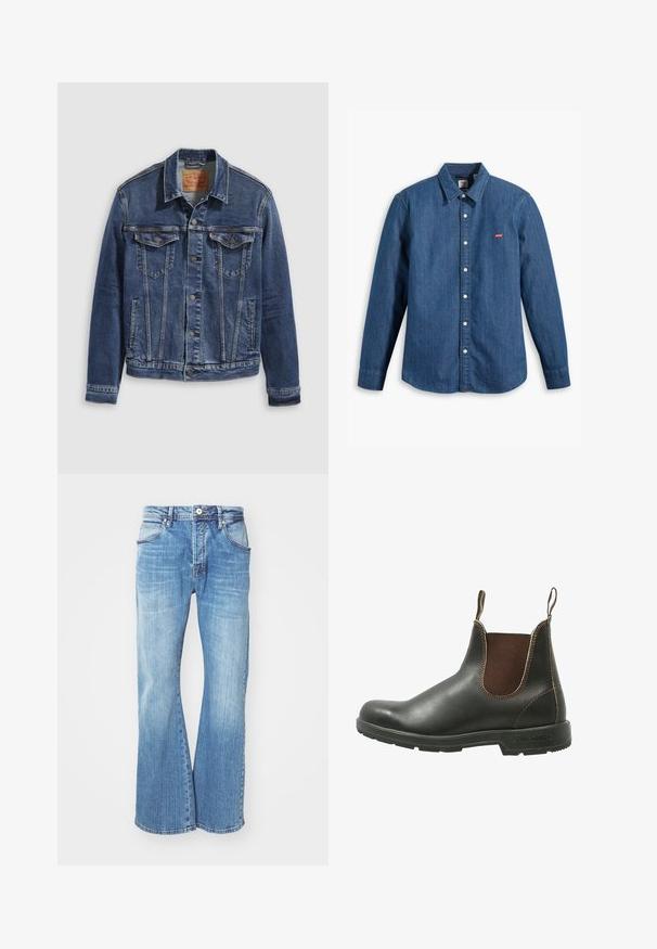 Veste en denim bleu foncé au design classique, avec des boutons en métal, deux poches poitrine et des coutures diagonales à l'avant.; Chemise en denim bleu foncé à manches longues, avec col et fermeture à boutons. Présente un petit logo rouge Levi's sur la poitrine. Texture lisse.; Jean en denim bleu clair avec un design évasé, comportant un style classique à cinq poches, une fermeture éclair et des coutures contrastantes le long des coutures.; Bottines Chelsea en cuir noir lisse avec des panneaux élastiques marron sur les côtés, des coutures contrastantes et une semelle en caoutchouc texturée.