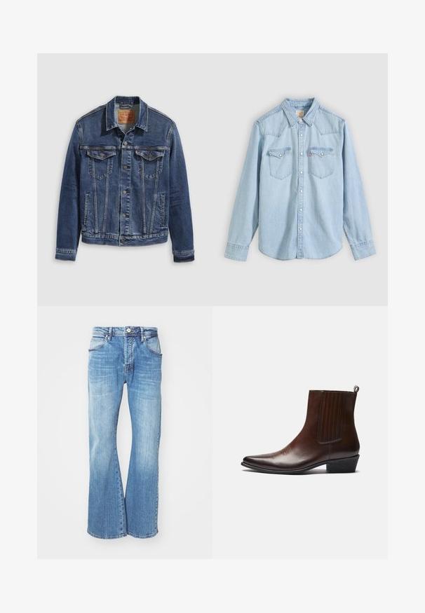 Donkerblauwe denimjas met een klassiek ontwerp, voorzien van metalen knopen, twee borstzakken en diagonale naden aan de voorkant.; Lichtblauw denim overhemd met lange mouwen, knoopsluiting aan de voorkant, twee borstzakken met knoopklep en een puntige kraag op een effen achtergrond.; Lichtblauwe spijkerbroek met een uitlopende pasvorm, voorzien van een klassieke vijf-pocketstijl, ritssluiting en contrasterende stiksels langs de naden.; Bruine leren enkelboot met een spitse neus, elastische zijpanelen, textuurdetails aan de voorkant en een lage gestapelde hak.