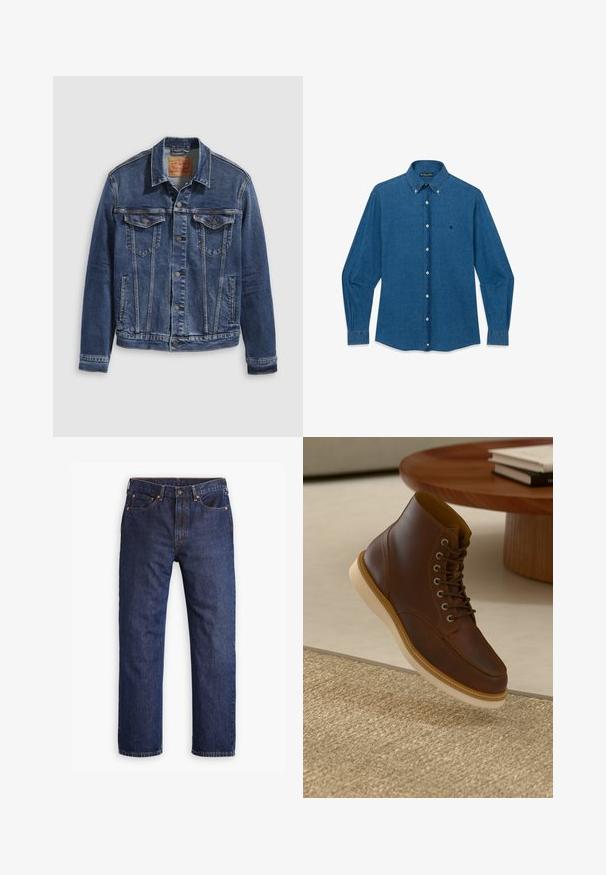 Donkerblauwe denimjas met een klassiek ontwerp, voorzien van metalen knopen, twee borstzakken en diagonale naden aan de voorkant.; Blauw denim overhemd met lange mouwen, knoopsluiting, een puntige kraag en een klein geborduurd logo op de linkerborst.; Donkerblauwe straight-leg denim jeans met een voorste knoop, ritsopening, vijf zakken en koperen klinknageldetails.; Bruine leren enkelboot met beige zool op een gestructureerd beige vloerkleed naast een ronde houten tafel met opgestapelde boeken.