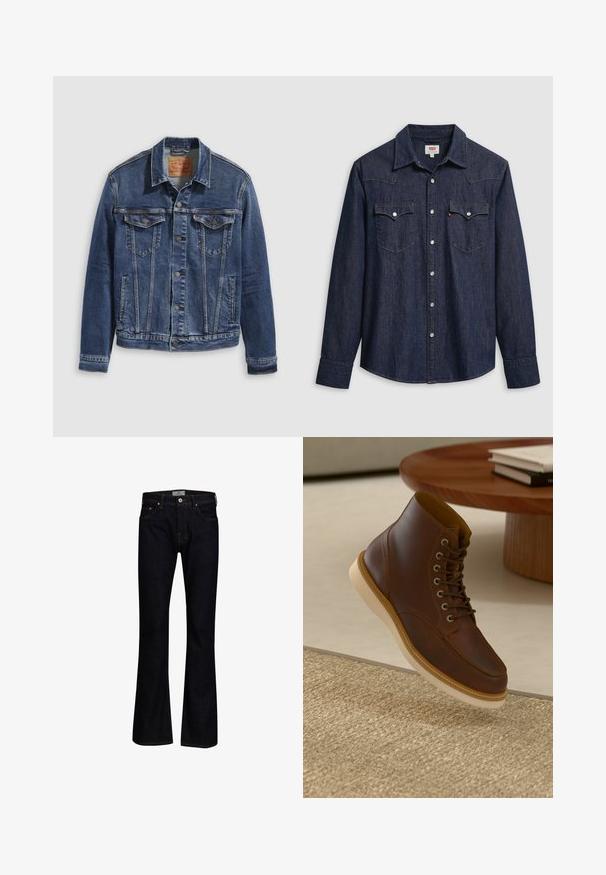 Donkerblauwe denimjas met een klassiek ontwerp, voorzien van metalen knopen, twee borstzakken en diagonale naden aan de voorkant.; Donkerblauw denimhemd met een puntige kraag, drukknoopsluiting en borstzakken. Heeft stikseldetail en lange mouwen.; Donkerblauwe flare jeans van denim met een gladde textuur. Beschikt over vijf zakken, messing hardware en contrasterende stiksels.; Bruine leren enkelboot met beige zool op een gestructureerd beige vloerkleed naast een ronde houten tafel met opgestapelde boeken.