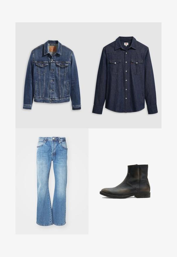 Veste en denim bleu foncé au design classique, avec des boutons en métal, deux poches poitrine et des coutures diagonales à l'avant.; Chemise en denim bleu foncé avec col pointu, boutons-pression et poches poitrine. Comprend des détails de couture et des manches longues.; Jean en denim bleu clair avec un design évasé, comportant un style classique à cinq poches, une fermeture éclair et des coutures contrastantes le long des coutures.; AllSaints LANG - Bottines - brown
