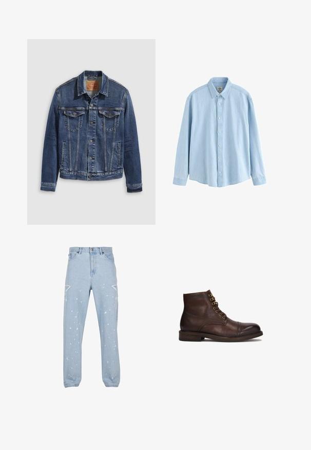 Donkerblauwe denimjas met een klassiek ontwerp, voorzien van metalen knopen, twee borstzakken en diagonale naden aan de voorkant.; Lichtblauw denim overhemd met lange mouwen, knopen en kraag, medium maat, weergegeven tegen een witte achtergrond.; Lichtblauwe denim jeans met een relaxte pasvorm, voorzien van stervormige uitsparingen, verfspetters en een klassieke vijf-pocket ontwerp.; Kazar CYMONN - Veterboots - brown