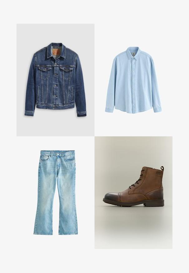 Dunkelblaues Jeansjackett im klassischen Design, mit Metallknöpfen, zwei Brusttaschen und diagonalen Nähten auf der Vorderseite.; Hellblaues Denim-Hemd mit langen Ärmeln, Knopfleiste, Kragen und weißen Knöpfen, Größe M, vor weißem Hintergrund dargestellt.; Hellblaue Jeans aus Denim mit hoher Taille, Knopfverschluss, vorderen Taschen und leicht ausgestellten Beinenden.; Brauner Leder-Schnürstiefel bis zum Knöchel mit schwarzer Zehenkappe, runder Sohle und Markenlabel an der Seite vor schlichtem Hintergrund.