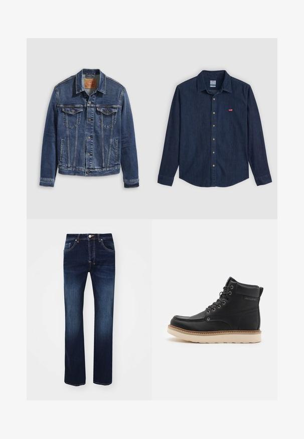 Dunkelblaues Jeansjackett im klassischen Design, mit Metallknöpfen, zwei Brusttaschen und diagonalen Nähten auf der Vorderseite.; Dunkelblaue Denim-Hemds mit spitzem Kragen, langen Ärmeln und einem kleinen roten Logo auf der Brust. Verfügt über Messingknöpfe und eine klassische Passform.; Dunkelblaue Denim-Jeans mit geradem Bein-Design, ausgestattet mit einem Reißverschluss, fünf Taschen und kontrastierenden gelben Nähdetails.; Schwarzer Lederstiefel mit beige gummierter Sohle, runder Zehenform und Schnürdesign. Mit Steppnähten und Branding an der Seite.