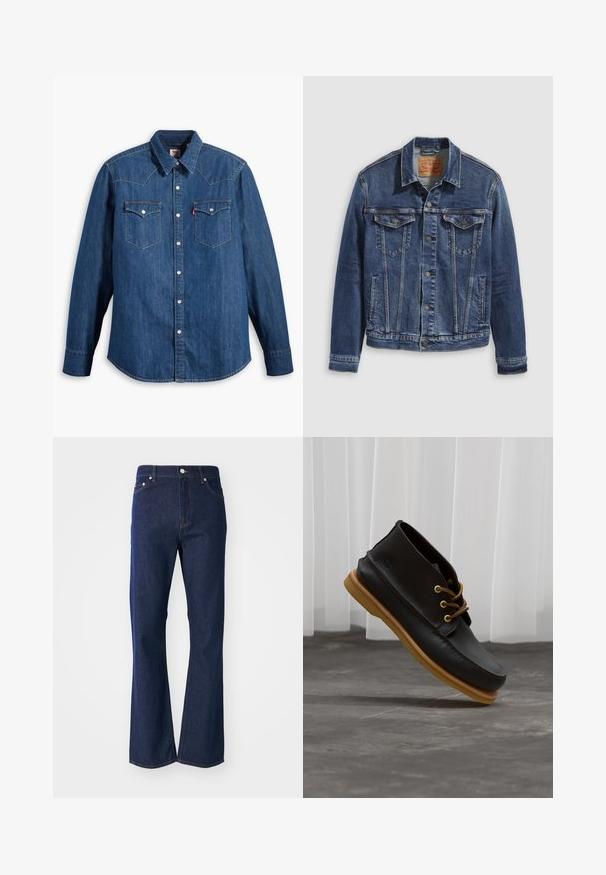 Jeanjakke i mørkeblå med et klassisk design, der har metalknapper, to brystlommer og diagonale sømme foran.; Denim skjorte i mørkeblå med lange ærmer, spids krave og trykknapper. Har to brystlommer med klapper og kontrastsying.; Flarvede mørkeblå jeans lavet af denim. Har fem lommer, en front lynlås og en metalknaplukning. Klassiske syninger som detaljer.; Sorte lædersko med en glat overflade, rund tå, brune snørebånd og lysebrune gummisåler. Logo præget på siden.