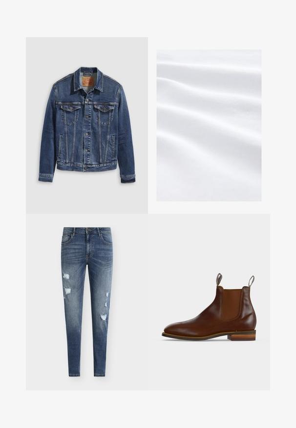 Veste en denim bleu foncé au design classique, avec des boutons en métal, deux poches poitrine et des coutures diagonales à l'avant.; Tissu blanc doux et lisse avec de subtils plis horizontaux et un motif de tissage fin et texturé, éclairé uniformément sans ombres.; Jean en denim bleu coupe skinny avec détails usés, multiples déchirures et effet délavé. Comprend une conception à cinq poches et des passants pour ceinture.; Bottine Chelsea en cuir marron avec panneaux latéraux élastiques, languettes à l'avant et à l'arrière, et talon en bois superposé.