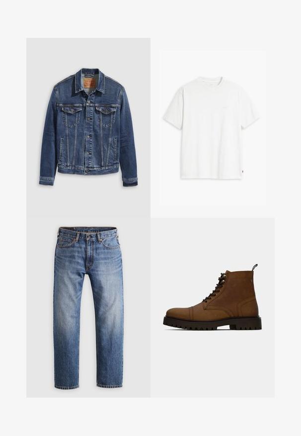 Jeanjakke i mørkeblå med et klassisk design, der har metalknapper, to brystlommer og diagonale sømme foran.; Hvid t-shirt i bomuld med korte ærmer, rund halsudskæring og en diskret "Levi's"-logo trykt i lyse farver på forsiden.; Stumpe ben blå denim jeans med en knap- og lynlåslukning, fem lommer og orange syninger på en lys grå baggrund.; Brun læder snørefri ankelstøvle med tyk sort sål og hængslet på en hvid baggrund.
