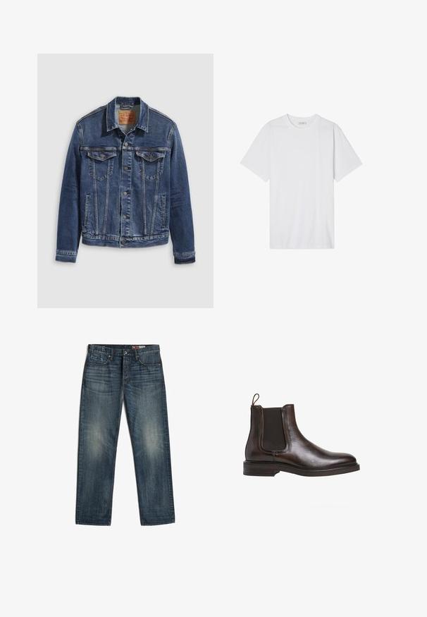 Dunkelblaues Jeansjackett im klassischen Design, mit Metallknöpfen, zwei Brusttaschen und diagonalen Nähten auf der Vorderseite.; Weißes Baumwoll-T-Shirt mit Rundhalsausschnitt, kurzen Ärmeln und lockerer Passform; glatte Textur mit sauberen Kanten und ohne Muster oder Verzierungen.; Dunkelblaue Straight-Leg-Denimjeans mit Fronttaschen und Knopfverschluss, die dezente ausgebleichte Bereiche an Oberschenkeln und Knien aufweisen.; Braune Leder-Chelsea-Boots mit elastischen Seiteneinsätzen, Schlupfgriff und niedrigem, gestapeltem Absatz. Glatte Textur und schlanke Silhouette.