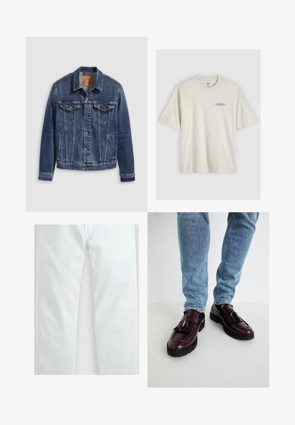 Jeanjakke i mørkeblå med et klassisk design, der har metalknapper, to brystlommer og diagonale sømme foran.; Offwhite kortærmet bomulds-T-shirt med rund hals, der har en lille blå Levi's-logo på venstre bryst.; Hvide bukser med lige ben, forlommer og en ren kant, vist fladt mod en lys baggrund.; Bordeaux læder loafers med kvaster og en tekstureret overdel, parret med lyseblå denimjeans. Sort gummisål synlig.