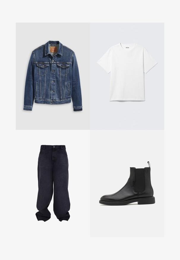 Jeanjakke i mørkeblå med et klassisk design, der har metalknapper, to brystlommer og diagonale sømme foran.; Hvid kortærmet crewneck T-shirt lagt fladt ud, ensfarvet design, med "WEEKDAY" mærkat inde i kraven på en lys baggrund.; Sorte oversized løstsiddende jeans med knap- og lynlåsfrontlukning, forlommer og løse, brede ben.; Sort læder ankelstøvle med glat overflade, elastiske sidepaneler og en trækstrop. Rund tå og flad gummisål med minimal mønster.