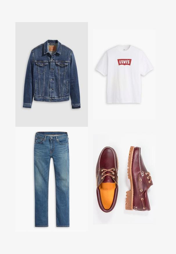 Dunkelblaues Jeansjackett im klassischen Design, mit Metallknöpfen, zwei Brusttaschen und diagonalen Nähten auf der Vorderseite.; Weißes Baumwoll-T-Shirt mit einem roten Levi's-Logo in geschwungener Gestaltung. Kurze Ärmel, runder Ausschnitt, glatte Textur, normale Passform.; Blaue gerade geschnittene Jeans mit Knopf- und Reißverschluss vorne, Fünf-Taschen-Design und dezenten Ausbleichungen an Oberschenkeln und Knien.; Bordeauxfarbene Lederschuhe mit braunen Gummisohlen, runder Zehenform, weißen Nähten und goldenen Ösen. Das Innenfutter weist eine gelbe Beschichtung auf.