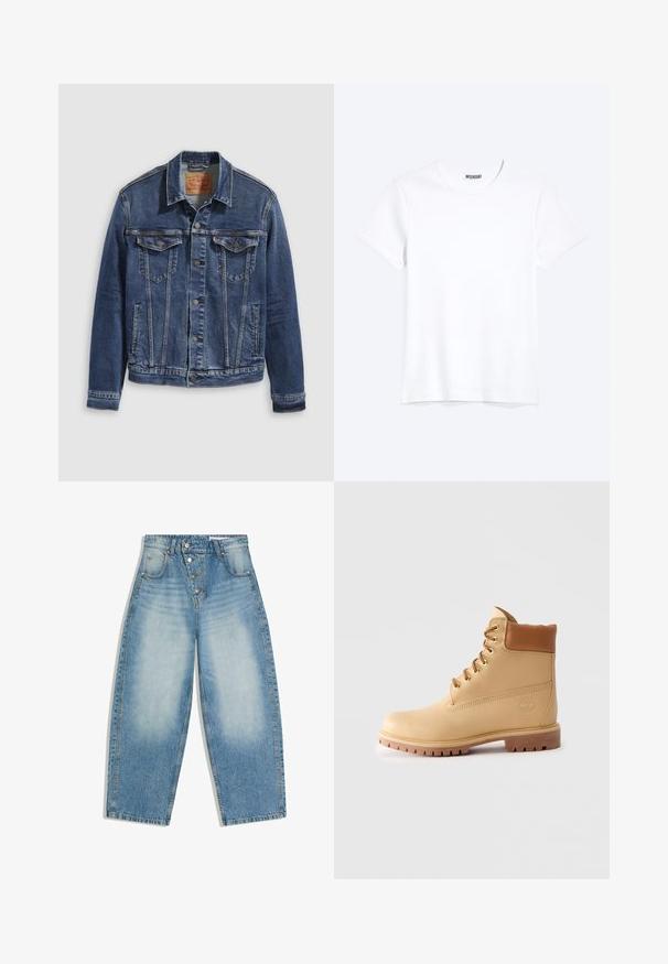 Donkerblauwe denimjas met een klassiek ontwerp, voorzien van metalen knopen, twee borstzakken en diagonale naden aan de voorkant.; Effen witte T-shirt met korte mouwen en ronde hals met een zichtbaar WEEKDAY-merklabel bij de nek, weergegeven op een lichte achtergrond.; Blauwe spijkerbroek met hoge taille en wijde pijpen, voorzien van een knoopsluiting en vervaagde details op de voorste dijen en zakken.; Lichtbruine leren enkellaars met gevoerde kraag, gouden oogjes, tankleurige veters en een dikke profielzool op een effen lichte achtergrond.