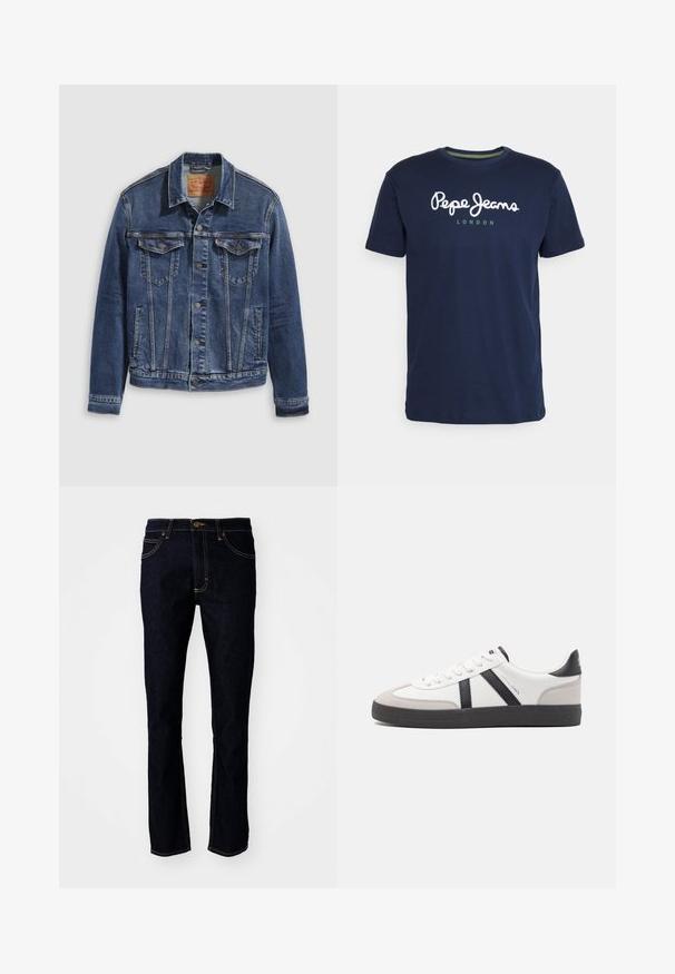 Donkerblauwe denimjas met een klassiek ontwerp, voorzien van metalen knopen, twee borstzakken en diagonale naden aan de voorkant.; Marineblauwe katoenen t-shirt met een ronde hals en korte mouwen. Inclusief witte "Pepe Jeans" tekst en "LONDEN" in het groen eronder.; Lee LUKE - Slim fit jeans - rinse raine; Witte sneaker met zwarte en grijze accenten, voorzien van een grijze neus met textuur, zwarte rubberen zool en platte witte veters. Schoon ontwerp, minimalistische stijl.