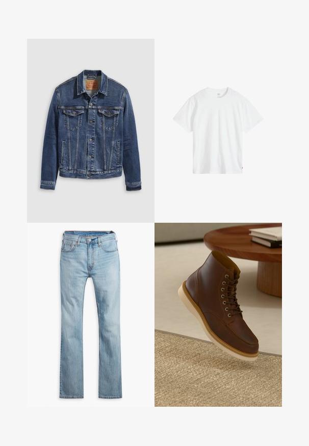 Donkerblauwe denimjas met een klassiek ontwerp, voorzien van metalen knopen, twee borstzakken en diagonale naden aan de voorkant.; Wit katoenen T-shirt met een ronde hals, korte mouwen en een ontspannen pasvorm. Voorzien van een klein merklipje aan de linkeronderkant.; Lichtblauwe denim jeans, rechte pijpen, met vijf zakken, contrasterende stiksels en een knoopsluiting bij de tailleband.; Bruine leren enkelboot met beige zool op een gestructureerd beige vloerkleed naast een ronde houten tafel met opgestapelde boeken.