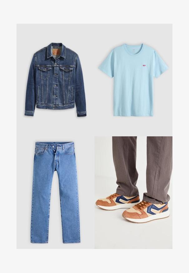 Donkerblauwe denimjas met een klassiek ontwerp, voorzien van metalen knopen, twee borstzakken en diagonale naden aan de voorkant.; Lichtblauw T-shirt met korte mouwen en ronde hals met klein rood Levi's-logo op de linkerborst.; Lichtblauwe spijkerbroek met een rechte pijp, vijf zakken en een gulp met twee knopen. Heeft minimale verkleuring en contrasterende naden.; Sneakers met een mix van tan suede en crèmekleurig synthetisch materiaal, met een blauwe accent en een getextureerde zool; bruine veters; gedragen met grijs gestreepte broek.
