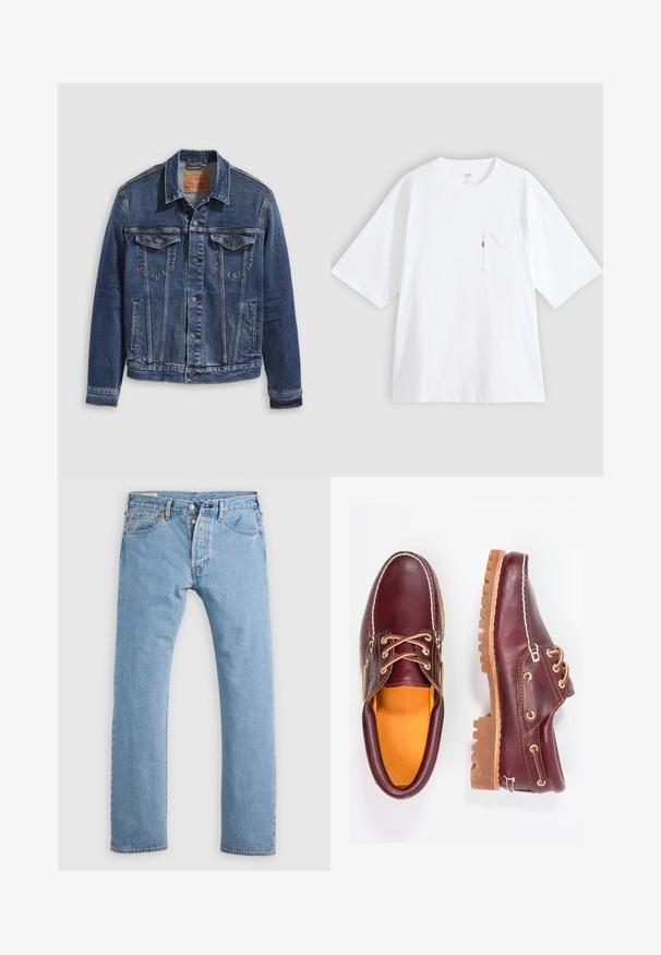Donkerblauwe denimjas met een klassiek ontwerp, voorzien van metalen knopen, twee borstzakken en diagonale naden aan de voorkant.; Wit katoenen T-shirt met korte mouwen, ronde hals en een borstzak aan de linkerkant. Heeft een klein rood logotagje op de zak.; Lichtblauwe rechte spijkerbroek met knoopsluiting, riemlussen en voor- en achterzakken, weergegeven op een witte achtergrond.; Bordeaux leren schoenen met bruine rubberen zolen, ronde neus, witte stiksels en gouden veterogen. Het interieur heeft een gele voering.