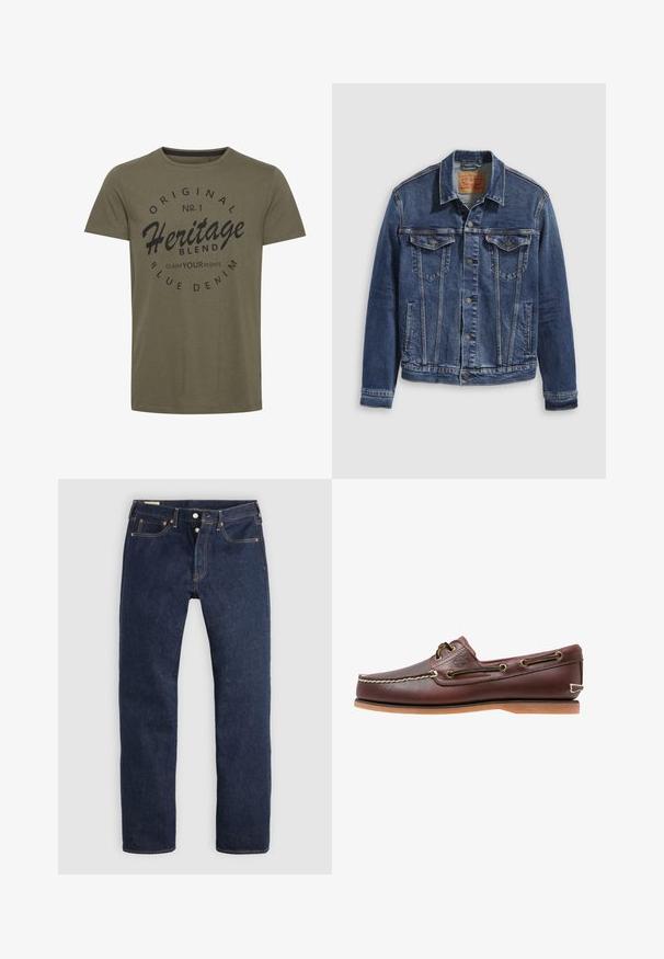 Donkerblauwe denimjas met een klassiek ontwerp, voorzien van metalen knopen, twee borstzakken en diagonale naden aan de voorkant.; Olijfgroen katoenen t-shirt met ronde hals, voorzien van zwarte bedrukte tekst: "Original No. 1 Heritage Blend Claim Your Rights" in een circulair ontwerp.; Donkerblauwe recht gesneden spijkerbroek met knoopsluiting, voor- en achterzakken en contrasterende stiksels, plat gelegd op een lichte achtergrond.; Bruine leren bootschoen met witte stiksels, veterdetails en beige rubberen zool, zijaanzicht op een witte achtergrond.
