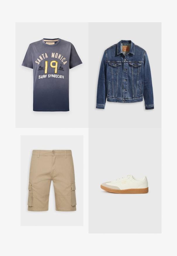 Dunkelblaues Jeansjackett im klassischen Design, mit Metallknöpfen, zwei Brusttaschen und diagonalen Nähten auf der Vorderseite.; Dunkelblaues Baumwoll-T-Shirt mit Verlaufseffekt, bedruckt mit "SANTA MONICA" und "19" in gelber und cremefarbener Stickerei, Rundhalsausschnitt, kurze Ärmel.; Beige Herren-Cargo-Shorts mit Knopfverschluss, Gürtelschlaufen und Klappentaschen auf jeder Seite.; Sneaker aus weißem Leder mit einer beigen Zehenkappe und leichter brauner Gummisohle. Verfügt über flache weiße Schnürsenkel und geprägtes Branding an der Seite.