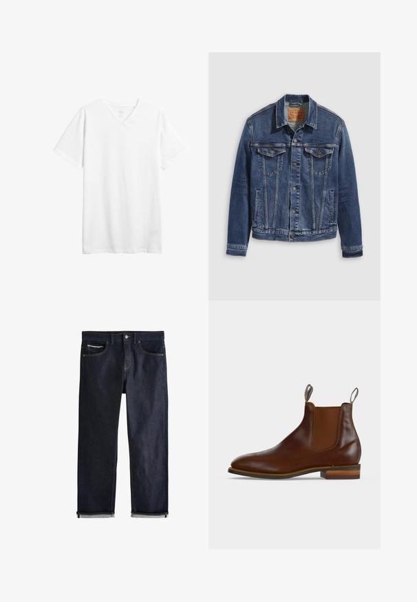 Donkerblauwe denimjas met een klassiek ontwerp, voorzien van metalen knopen, twee borstzakken en diagonale naden aan de voorkant.; Witte korte mouwen v-hals t-shirt gemaakt van katoen. Beschikt over een relaxte pasvorm en een zachte textuur zonder zichtbare patronen of graphics.; Donkerblauwe spijkerbroek met een klassieke rechte pasvorm, voorzien van vijf zakken, een knoopsluiting en opgerolde boorden met een lichtblauwe voering.; Bruine leren Chelsea-boot met elastische zijpanelen, treklipjes aan voor- en achterkant en gestapelde houten hak.