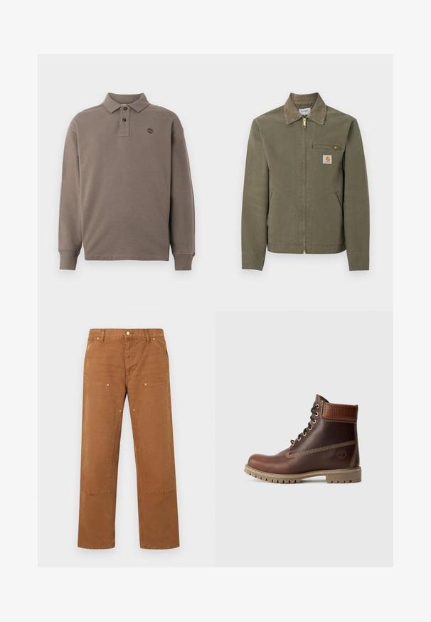 Oliven grøn Carhartt arbejdsjakke med manchet i kordfløjl, lynlås foran, lynlåslomme på brystet og to sidelommer.; Langærmet polo-shirt i mørk beige bomuld, med en to-knap pynt, ribbede manchetter og et lille logo broderet på brystet.; Brune bukser med lige ben, forlommer med lap, nitte-detaljer, bæltestropper og knaplukning i taljen.; Brun læder snørebånd ankelstøvle med polstret krave, kontrastsyning og robust sål, vist fra ydersiden på en hvid baggrund.