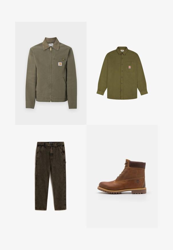 Olijfgroene Carhartt werkjas met corduroy kraag, voorsluiting met rits, borstzak met rits en twee steekzakken aan de zijkant.; Wrangler LOOSE FIT - Overhemd - beech; Vans DRILL CHORE CARPENTER ACID WASH - Straight leg jeans - olive; Bruine leren wandelschoen met een gladde afwerking, gevoerde enkel, metalen oogjes en een rubberen zool met een robuust profiel.