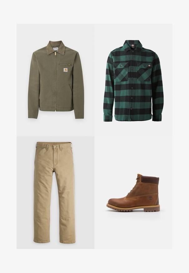 Oliven grøn Carhartt arbejdsjakke med manchet i kordfløjl, lynlås foran, lynlåslomme på brystet og to sidelommer.; Grøn- og sortternet flannel skjorte med lange ærmer, knaplukning foran, to brystlommer og en klassisk krave. Blød tekstur, alsidigt design.; Khakifarvede bomuldssbukser med lige ben, forlommer og knaplukning. Glat tekstur og forstærkede sømme for holdbarhed.; Brun læder vandrestøvle med en glat finish, polstret ankel, metalliske snørehuller og en gummisål med et robust dækmønster.