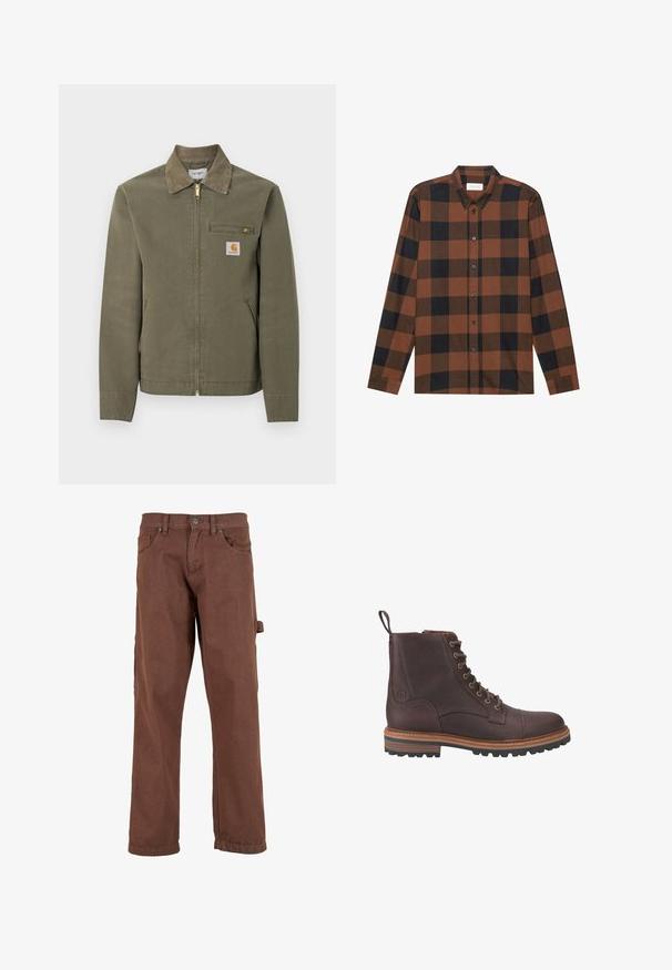 Olivgrüne Carhartt-Arbeitsjacke mit Cordkragen, Frontreißverschluss, mit Reißverschluss versehener Brusttasche und zwei Seitentaschen.; Langarmhemd mit braun-schwarzem Karomuster aus Stoff, mit einem Button-Down-Kragen und geknöpften Blenden; hat Manschettenärmel.; Braune Cargo-Hose aus robustem Stoff, mit geradem Bein, Fronttaschen und einer Seitentasche mit Klappe.; Braune Leder-Stiefeletten mit Schnürung, strukturierter Oberfläche, kontrastierenden beigen Sohlen und Metallösen. Verfügen über eine Lasche zum einfachen An- und Ausziehen.