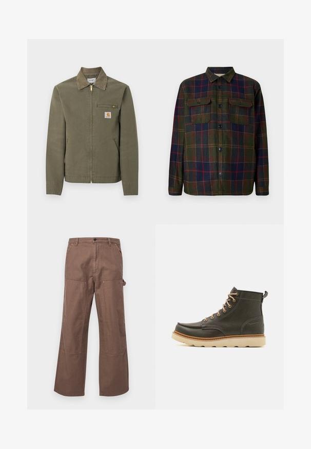 Πράσινο-ελαιί εργοστασιακό μπουφάν Carhartt με γιακά από κορντουρί, μπροστινό φερμουάρ, φερμουάρ σε τσέπη στο στήθος και δύο πλαϊνές τσέπες.; Καρό πουκάμισο φανέλας σε σκούρο πράσινο, ναυτικό μπλε και μπορντό, με κουμπιά μπροστά, δύο τσέπες στο στήθος και κλασικό γιακά. Υφή υφάσματος.; Καφέ παντελόνια cargo από βαμβάκι με χαλαρή εφαρμογή, πλαϊνές τσέπες και μεγάλες μπαλώματα στα γόνατα για επιπλέον αντοχή και στυλ.; Σκούρο πράσινο δερμάτινο μποτάκι μέχρι τον αστράγαλο με μπεζ κορδόνια, επενδεδυμένο κολάρο και υφασμάτινη αντοχή στην τριβή. Περιλαμβάνει αδιάβροχη σήμανση και λεπτομέρειες ραφής.