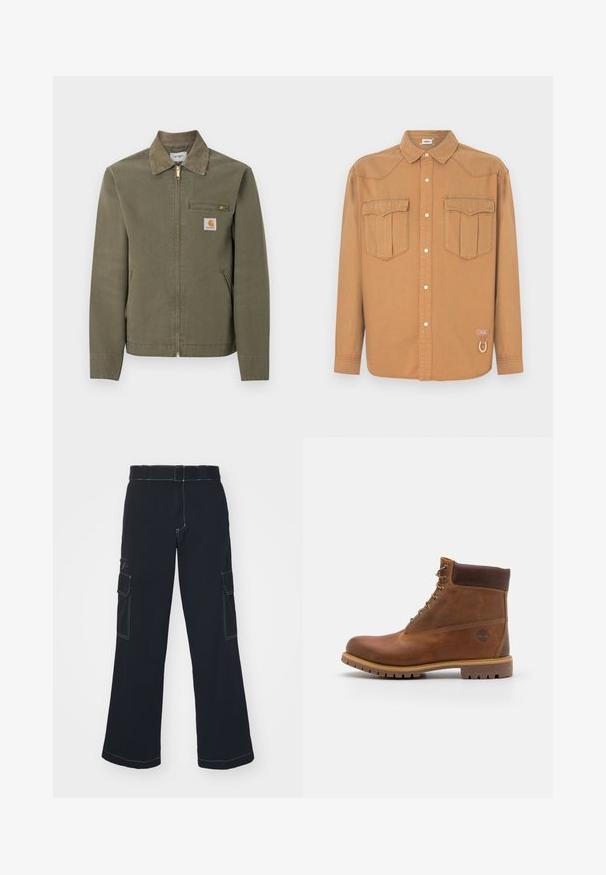 Πράσινο-ελαιί εργοστασιακό μπουφάν Carhartt με γιακά από κορντουρί, μπροστινό φερμουάρ, φερμουάρ σε τσέπη στο στήθος και δύο πλαϊνές τσέπες.; Καφέ πουκάμισο από τζιν ύφασμα με δύο τσέπες στο στήθος, μυτερό γιακά, κουμπιά στο μπροστινό μέρος και αντίθετη ραφή. Διαθέτει ένα λογότυπο και λεπτομέρεια με θηλιά.; Μαύρο cargo παντελόνι με φαρδιές γραμμές, διαθέτοντας δύο πλαϊνές τσέπες, αντίθετο ραφές και κανονική μέση. Μαλακό βαμβακερό υλικό.; Καφέ δερμάτινο μποτάκι πεζοπορίας με λείο φινίρισμα, επενδεδυμένο αστράγαλο, μεταλλικές θηλιές και ελαστική σόλα που διαθέτει ρουστίκ μοτίβο.
