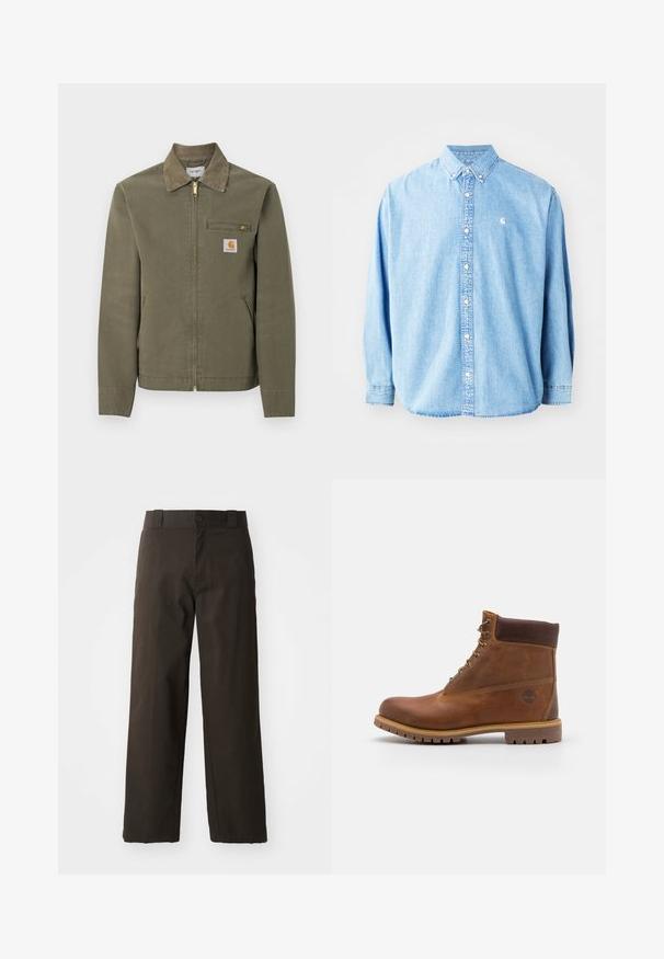 Oliven grøn Carhartt arbejdsjakke med manchet i kordfløjl, lynlås foran, lynlåslomme på brystet og to sidelommer.; Lysel blå denim skjorte med knapper og lange ærmer, spids krave og et lille logo på venstre bryst. Har en afslappet pasform og klassisk design.; Sorte bomuldsbukser med et lige ben-design, der har en knaplukning og et klassisk taljehåndter. Glat tekstur, ingen mønstre eller accenter.; Brun læder vandrestøvle med en glat finish, polstret ankel, metalliske snørehuller og en gummisål med et robust dækmønster.