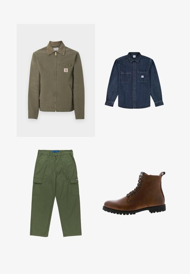 Oliven grøn Carhartt arbejdsjakke med manchet i kordfløjl, lynlås foran, lynlåslomme på brystet og to sidelommer.; Mørkeblå denimskjorte med lange ærmer og knapper foran, to brystlommer, hvoraf den ene har et lille Lee-logo.; Grønne cargo bukser med lige pasform, flere sidelommer og lynlås. Fremstillet af slidstærkt bomuldsstof. Har mærkeetiket.; Brune læder ankelstøvler med tekstureret overflade, metaløjer og sort gummisål. Har en træktab bagpå for nem påtagning.