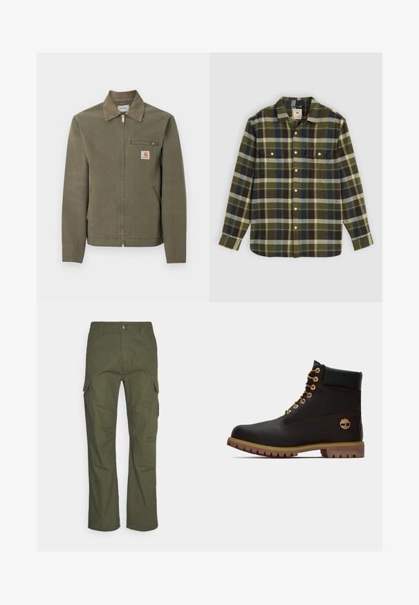 Olijfgroene Carhartt werkjas met corduroy kraag, voorsluiting met rits, borstzak met rits en twee steekzakken aan de zijkant.; Groene geruite flanellen overhemd met lange mouwen, voorzien van twee borstzakken en witte knopen. Materiaal heeft een zachte textuur en een casual ontwerp.; Cargo-broek in donkergroen olijf, met meerdere zijzakken, een rechte pasvorm en een duurzame stof met een gestructureerde afwerking.; Zwarte leren enkellaars met gouden oogjes, bruine accenten en een rubberen zool. Heeft een gevoerde kraag en geperst logo aan de zijkant.