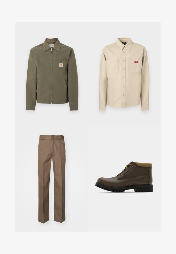Olijfgroene Carhartt werkjas met corduroy kraag, voorsluiting met rits, borstzak met rits en twee steekzakken aan de zijkant.; Beige- en witgestreept overhemd met lange mouwen, knoopsluiting, kraag, twee borstzakken en een rood Dickies-logo op het rechterzakje.; Brown trousers met een vlakke voorkant, rechte pijpen en een klassieke tailleband. Gemaakt van duurzame stof, zonder zichtbare patronen of versieringen.; Bruine leren enkellaarzen met een gestructureerde afwerking, tan kleurige stoffen boord, zwarte rubberen zool en bruine veters. Timberland-logo ingedrukt op de zijkant.