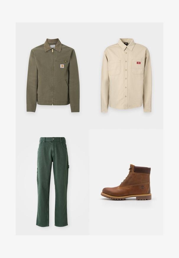 Veste de travail Carhartt vert olive avec col en velours côtelé, fermeture éclair à l'avant, poche poitrine zippée et deux poches latérales.; Chemise à manches longues à rayures verticales beige et blanches, avec col, deux poches poitrine et un patch logo Dickies rouge sur la poche droite.; Pantalons cargo verts en mélange coton, avec une coupe droite, des poches et des coutures ton sur ton. Texture lisse avec un éclat subtil.; Botte de randonnée en cuir marron avec une finition lisse, cheville rembourrée, œillets en métal et semelle en caoutchouc dotée d'un motif de crampons robuste.