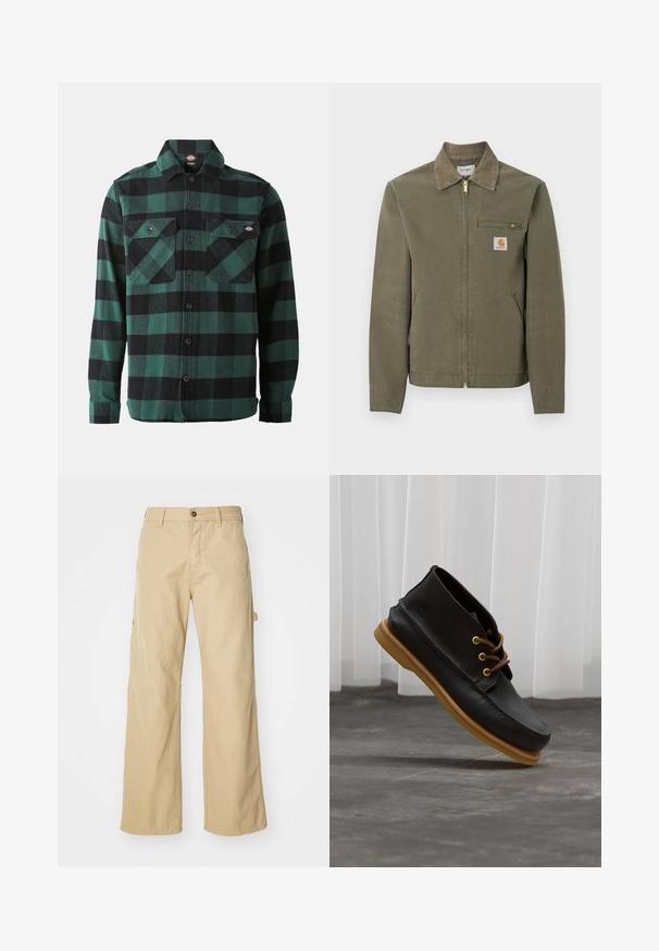 Pracovná bunda Carhartt olivovo zelenej farby s kordurovým golierom, predným zipsom, na zips zatvárateľným náprsním vreckom a dvoma bočnými vreckami.; Zeleno-čierna károvaná flanelová košeľa s dlhými rukávmi, zapínaním na gombíky vpredu, dvoma náprsními vreckami a klasickým golierom. Mäkká textúra, univerzálny dizajn.; Béžové široké cargo nohavice s gombíkovým zapínaním, so bočnými vreckami, vyrobené z odolnej bavlnenej látky, hladkej textúry a rovného strihu.; Čierne kožené topánky s hladkým povrchom, okrúly špička, hnedé šnúrky a svetlohnedé gumové podrážky. Logo je embosované na boku.