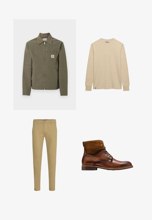 Chaqueta de trabajo Carhartt verde oliva con cuello de pana, cremallera frontal, bolsillo en el pecho con cremallera y dos bolsillos laterales.; Camisa henley beige de manga larga con cuello redondo y tres botones, con un pequeño logo bordado en el pecho y una etiqueta en el dobladillo.; Pantalones chinos beige de corte ajustado con cierre de botón y cremallera, bolsillos delanteros inclinados y trabillas para cinturón, mostrados sobre fondo blanco.; Kazar ALID - Botines con cordones - brown