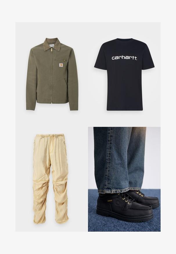 Chaqueta de trabajo Carhartt verde oliva con cuello de pana, cremallera frontal, bolsillo en el pecho con cremallera y dos bolsillos laterales.; Camiseta de algodón negra con mangas cortas y cuello redondo; presenta el logo blanco "carhartt" impreso en el pecho. Textura suave, diseño simple.; Pantalones cargo de nylon color beige claro con cordones ajustables en la cintura y bolsillos con cremallera, diseñados con detalles de tela arrugada y en capas.; Zapatos de cuero negro con ojales dorados y un acabado texturizado, combinados con jeans de mezclilla azules. Los zapatos presentan una suela en capas y un detalle de marca.