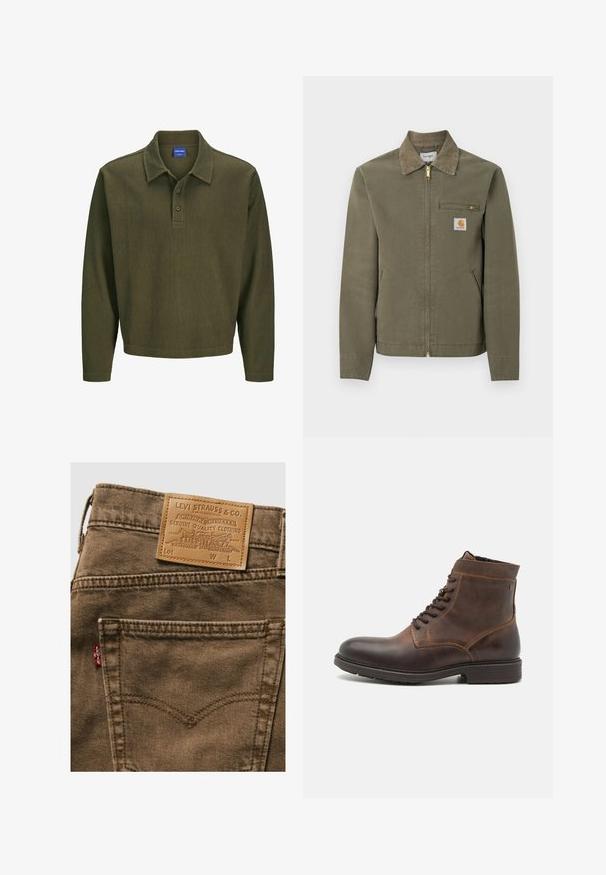 Olijfgroene Carhartt werkjas met corduroy kraag, voorsluiting met rits, borstzak met rits en twee steekzakken aan de zijkant.; Olijfgroen polo shirt met lange mouwen, gemaakt van gestructureerde stof. Heeft een kraag, een drieknoopsluiting en een ontspannen pasvorm.; Bruine Levi's denim jeans met achterzak, rode Levi's label en beige leren merkpatch met logo en tekst op de tailleband.; Jack & Jones JFWDELANEY BOOT - Veterboots - cognac