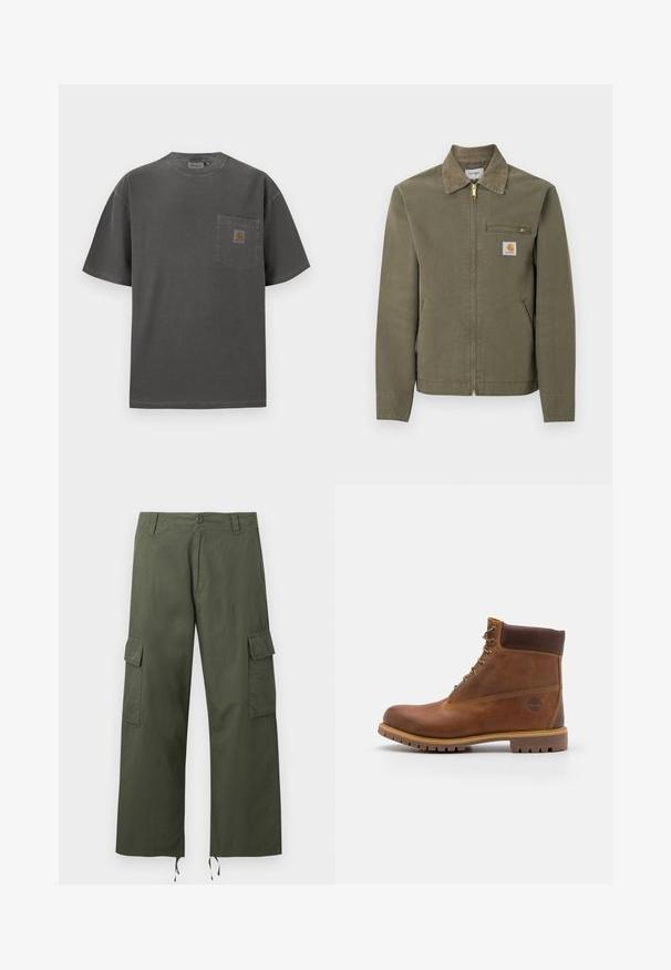 Πράσινο-ελαιί εργοστασιακό μπουφάν Carhartt με γιακά από κορντουρί, μπροστινό φερμουάρ, φερμουάρ σε τσέπη στο στήθος και δύο πλαϊνές τσέπες.; Σκούρο γκρι κοντομάνικη μπλούζα με στρογγυλή λαιμόκοψη και τσέπη στο στήθος που φέρει μικρό ορθογώνιο λογότυπο Carhartt.; Χακί cargo παντελόνια με πλευρικές τσέπες με καπάκι, κλείσιμο με κουμπιά, θηλιές ζώνης και ρυθμιζόμενα κορδόνια στα φαρδιά τελειώματα ποδιών.; Καφέ δερμάτινο μποτάκι πεζοπορίας με λείο φινίρισμα, επενδεδυμένο αστράγαλο, μεταλλικές θηλιές και ελαστική σόλα που διαθέτει ρουστίκ μοτίβο.