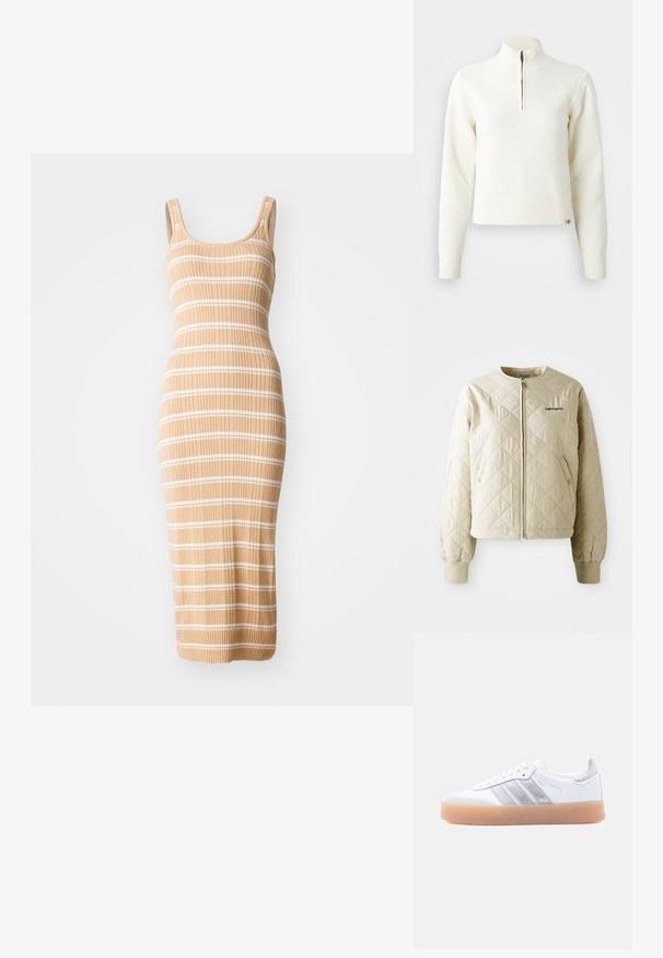 Veste matelassée beige avec un col rond, fermeture éclair à l'avant et poches à rabat. Manches élastiques et ourlet, avec un logo sur le côté gauche de la poitrine.; Pull-over blanc à col zippé et manches longues. Fabriqué en matériau tricoté doux, avec des poignets et un ourlet côtelés. Logo de la marque subtil à l'ourlet.; Robe midi en tricot de couleur beige avec des rayures blanches, présentant un design ajusté, sans manches et une texture côtelée.; Baskets basses blanches avec semelle gomme, accents argentés rayés sur le côté, et fermeture à lacets, présentées sur un fond clair uni.