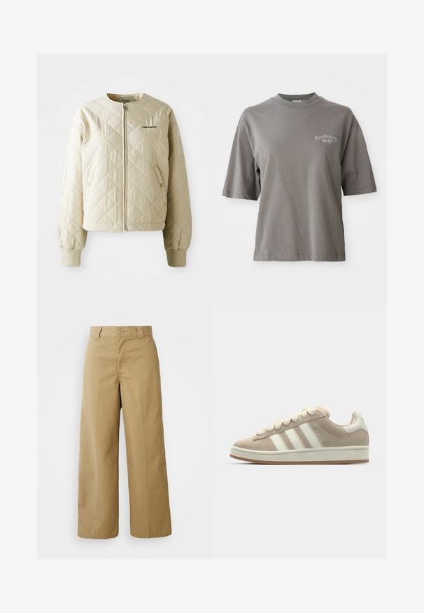 Beige gesteppte Jacke mit rundem Kragen, Frontreißverschluss und Taschen mit Patte. Elastische Bündchen und Saum, mit einem Logo auf der linken Brust.; Grauer Baumwoll-T-Shirt mit kurzen Ärmeln, Rundhalsausschnitt und einem kleinen Carhartt WIP-Logo auf der Vorderseite gedruckt. Glatte Textur, lässige Passform.; Beigeweite Hose aus einem Baumwoll-Mischgewebe, mit einem Knopfverschluss, Gürtelschlaufen und Fronttaschen.; Hellbeige Wildlederschuhe mit weißen Lederstreifen und -schnürsenkeln, Gummisohle, gepolstertem Kragen und strukturierten Details auf der Oberseite.