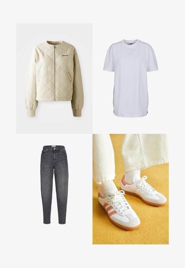 Beige tikattu takki, jossa on pyöreä kaulus, etuvetoketju ja paikkataskut. Elastiset hihansuut ja helma, jossa on logo vasemmassa rinnassa.; Yksinkertainen valkoinen lyhythihainen pyöreäkaulainen t-paita, jossa on suora helma ja pieni näkyvä merkkilappu kauluksessa sisäpuolella.; Korkeavyötäröiset mustat kulutetut kapenevat farkut, joissa on etutaskut, vyölenkit ja napillinen suljenta.; Valkoiset urheilukengät, joissa on vaaleanpunaisia yksityiskohtia, mokkaa ja nahkaa, pyöreä kärki ja kumipohja, esitelty vaaleiden sukkien kanssa keltaisella taustalla.