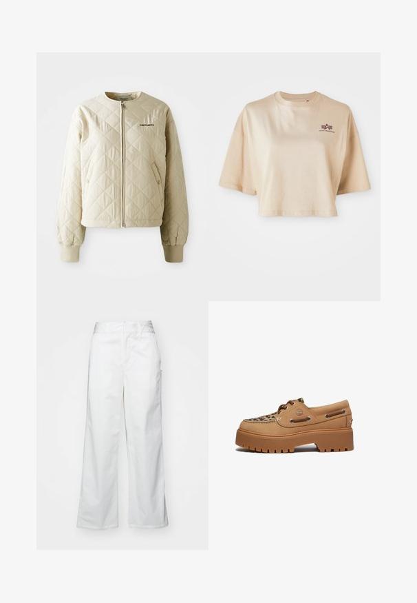 Beige quiltet jakke med rund krave, frontlynlås og pynte lommer. Elastiske manchetter og kant, med et logo på venstre bryst.; Beige cropped t-shirt lavet af bomuld, med korte ærmer, en rund halsudskæring og et maroon logo grafik på venstre bryst.; Hvide brede bukser lavet af bomuld, med en glat overflade, lige pasform, forlommer og en ren kant.; Timberland STONE STREET - Sejlersko - medium beige